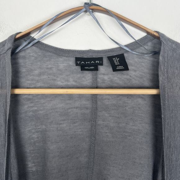 Tahari Women’s Sz S 100% Linen Knit Gray Lightweight Open Draped Front Cardigan - Picture 2 of 7